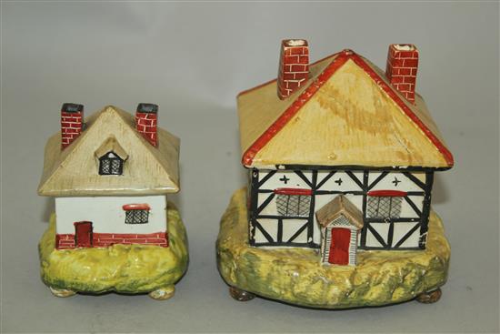 Two Staffordshire pearlware cottage pastille burners and covers, c.1820, height 8.5 - 11.5cm, largest with repairs